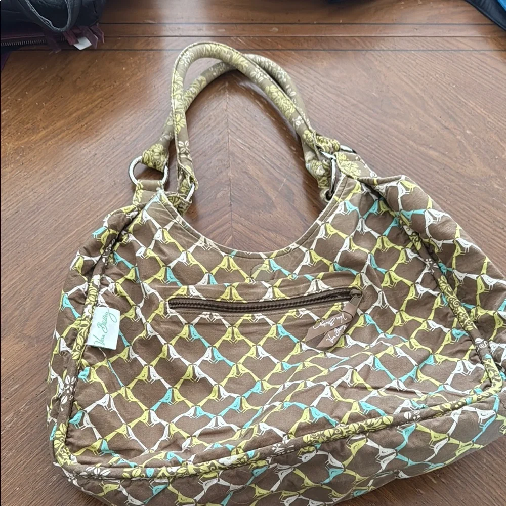 Vera Bradley BlueBird Brown and Green Quilted Crescent Hobo Tote Shoulder Bag